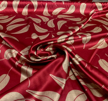 CHYEZX - 19 Momme Wine Red Background Leaves Pattern Digital Print Stretch Silk Satin Fabric - 140cm wide by the Yard