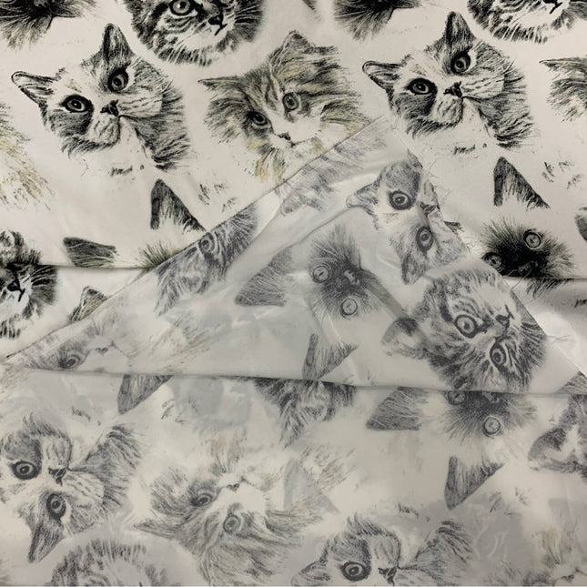 CUTMAO - 19 Momme Elegant and Cool cat Portrait on White background Pattern Digital Print Stretch Silk Satin Fabric - 108cm wide by the Yard