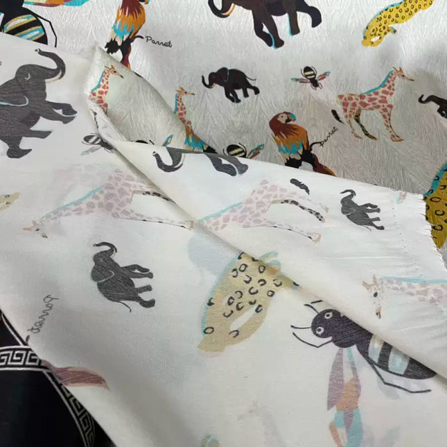 DONWUX - 19 Momme Cartoon Animals Pattern Digital Print Stretch Silk Satin Fabric - 140cm wide by the Yard