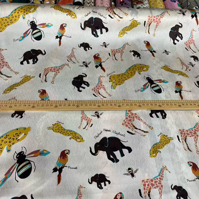 DONWUX - 19 Momme Cartoon Animals Pattern Digital Print Stretch Silk Satin Fabric - 140cm wide by the Yard