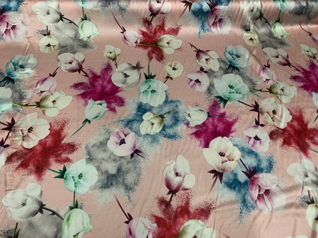 FENFON - 19 Momme Pink Background Flowers Pattern Digital Print Stretch Silk Satin Fabric - 108cm wide by the Yard