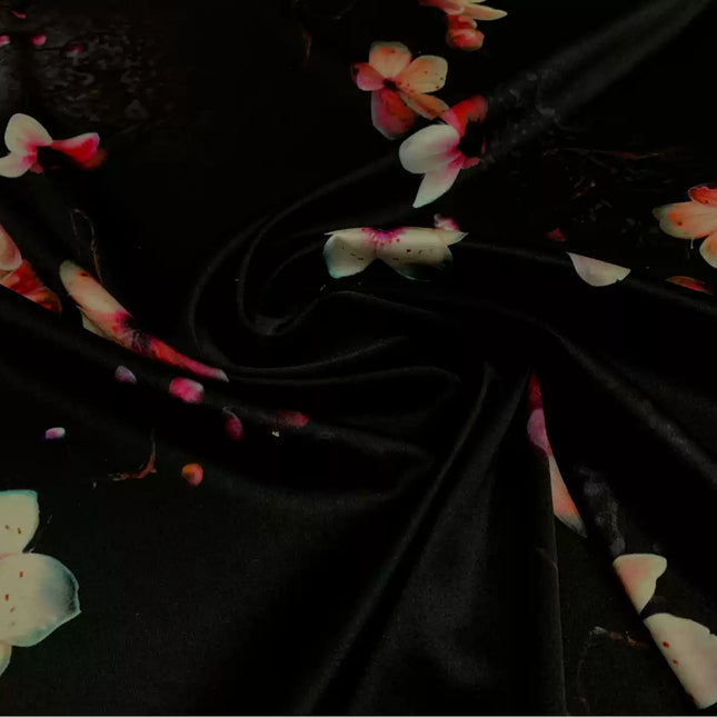 FEYUFA - 19 Momme Flower on Black background  Pattern Digital Print Stretch Silk Satin Fabric - 108cm wide by the Yard