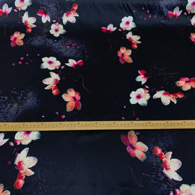 FEYUFA - 19 Momme Flower on Black background  Pattern Digital Print Stretch Silk Satin Fabric - 108cm wide by the Yard