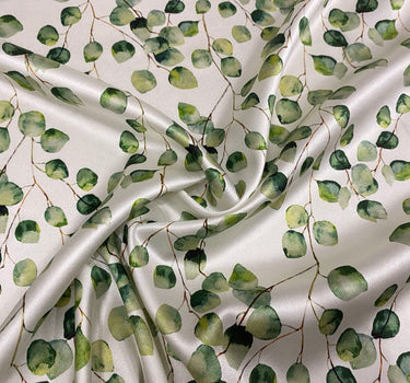 FRELVY - 19 Momme Fresh Green Leaves Pattern Digital Print Stretch Silk Satin Fabric - 140cm wide by the Yard