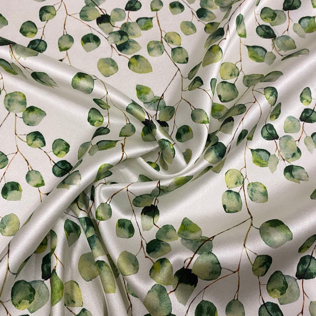 FRELVY - 19 Momme Fresh Green Leaves Pattern Digital Print Stretch Silk Satin Fabric - 140cm wide by the Yard