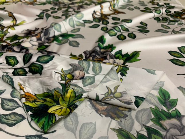 FUGUIS - 19 Momme Flowers and Foliage Pattern Digital Print Stretch Silk Satin Fabric - 108cm wide by the Yard