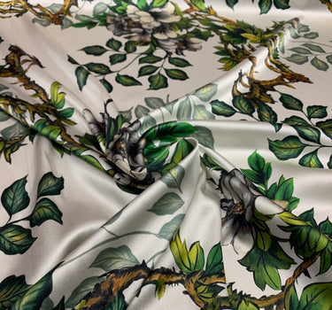 FUGUIS - 19 Momme Flowers and Foliage Pattern Digital Print Stretch Silk Satin Fabric - 108cm wide by the Yard