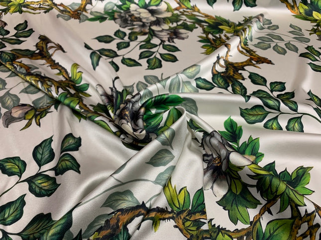 FUGUIS - 19 Momme Flowers and Foliage Pattern Digital Print Stretch Silk Satin Fabric - 108cm wide by the Yard