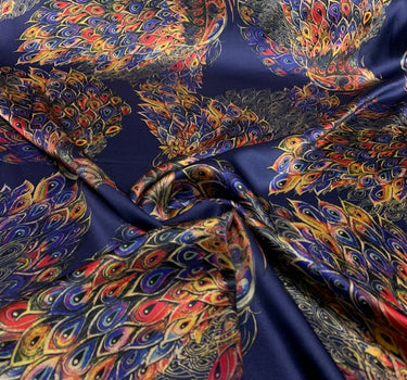 FUGUKQ - 19 Momme Beautiful Peacock Feathers Pattern Digital Print Stretch Silk Satin Fabric - 140cm wide by the Yard