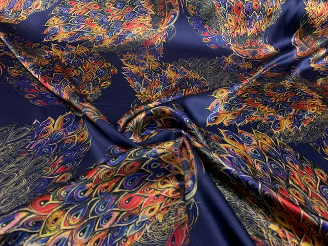 FUGUKQ - 19 Momme Beautiful Peacock Feathers Pattern Digital Print Stretch Silk Satin Fabric - 140cm wide by the Yard