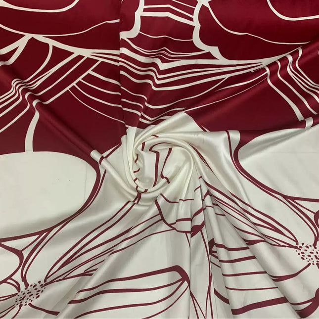 GADING - 19 Momme White and Red Color Matching Pattern Digital Print Stretch Silk Satin Fabric - 140cm wide by the Yard