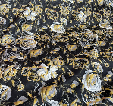 GOLDRO - 19 Momme Big Golden Rose on Black Background Pattern Digital Print Stretch Silk Satin Fabric - 140cm wide by the Yard