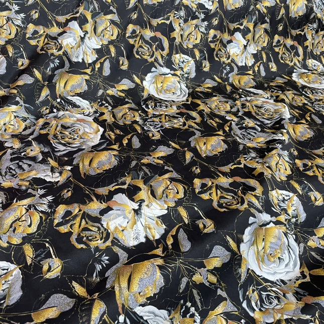 GOLDRO - 19 Momme Big Golden Rose on Black Background Pattern Digital Print Stretch Silk Satin Fabric - 140cm wide by the Yard