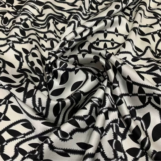 HBATEN - 19 Momme Black and White Rattan Pattern Digital Print Stretch Silk Satin Fabric - 108cm wide by the Yard