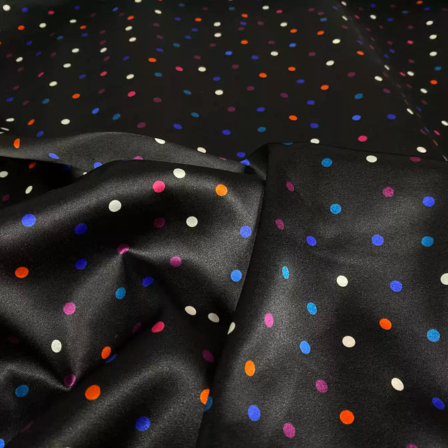 HECAIB - 19 Momme Black Background with Colorful Dots Pattern Digital Print Stretch Silk Satin Fabric - 108cm wide by the Yard