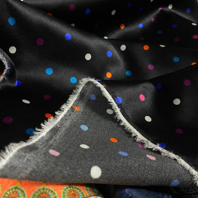 HECAIB - 19 Momme Black Background with Colorful Dots Pattern Digital Print Stretch Silk Satin Fabric - 108cm wide by the Yard