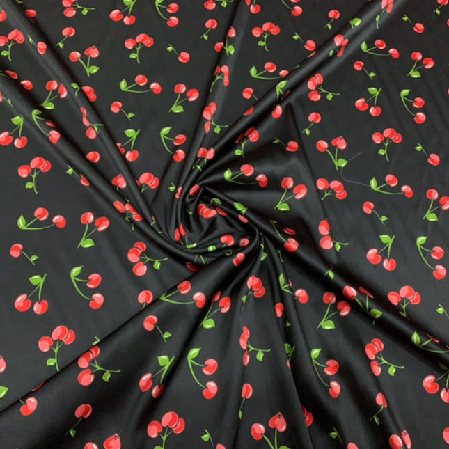 HEDYIT - 19 Momme Cute Cherry on Black Background Pattern Digital Print Stretch Silk Satin Fabric - 140cm wide by the Yard