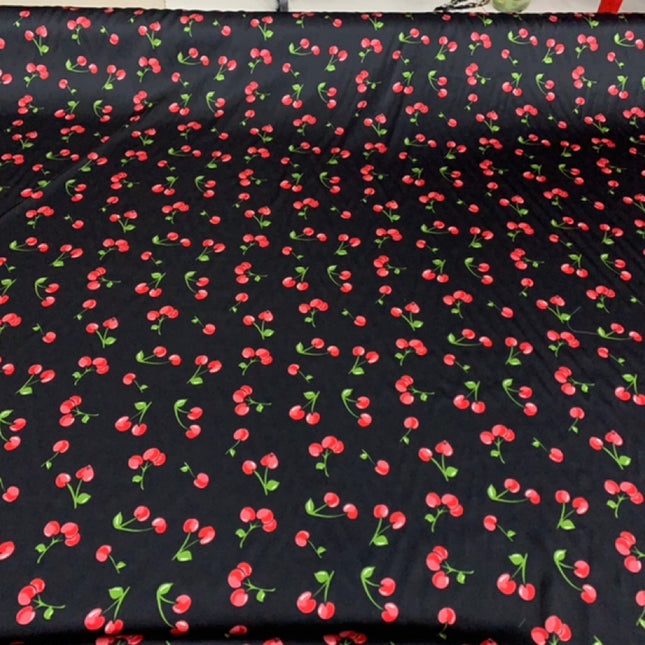 HEDYIT - 19 Momme Cute Cherry on Black Background Pattern Digital Print Stretch Silk Satin Fabric - 140cm wide by the Yard