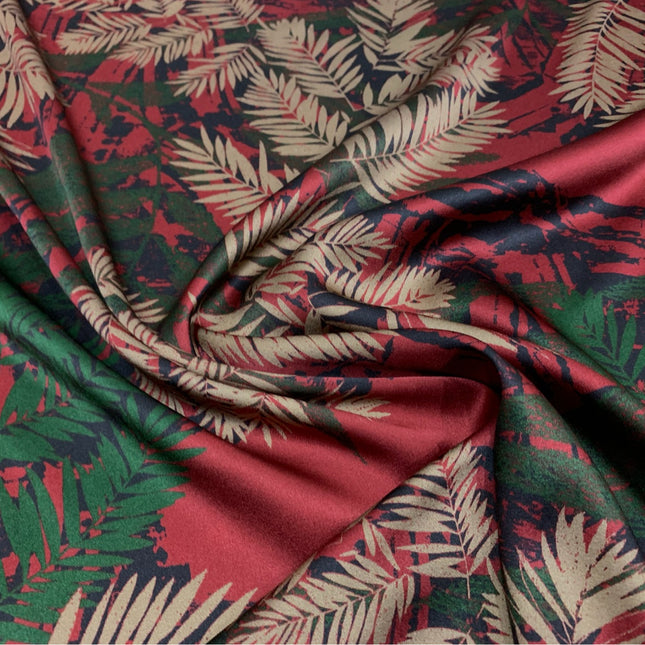 HONDIL - 19 Momme Red Background with Contrasting Leaves Pattern Digital Print Stretch Silk Satin Fabric - 108cm wide by the Yard