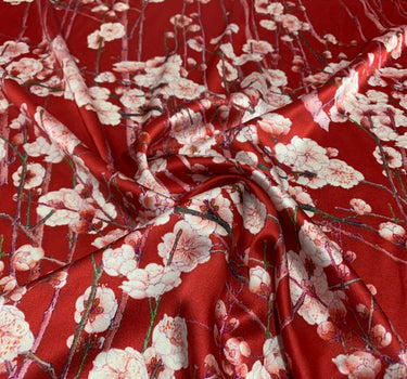 HONDME - 19 Momme Plum Blossoms on Branches Pattern Digital Print Stretch Silk Satin Fabric - 108cm wide by the Yard