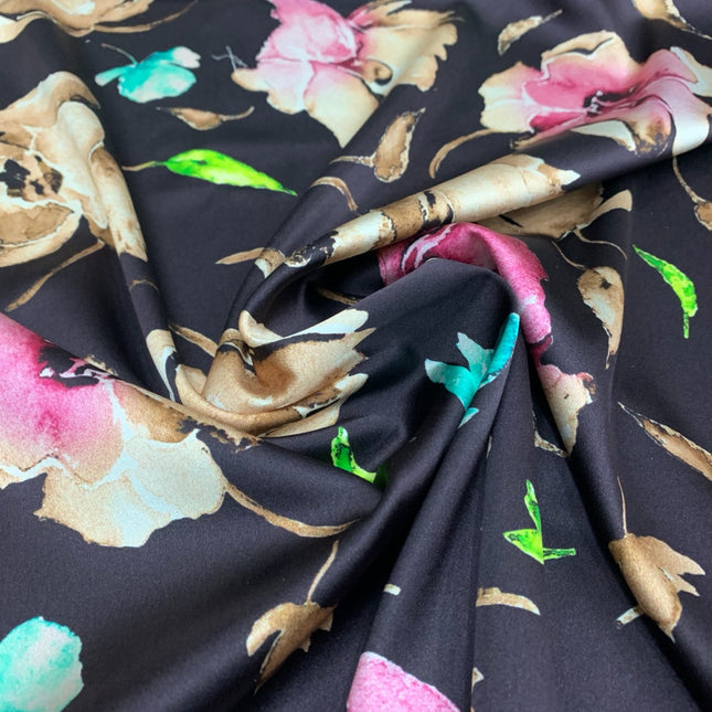 HOUDAI - 19 Momme Postmodern Style Black Background Big Rose Pattern Digital Print Stretch Silk Satin Fabric - 108cm wide by the Yard