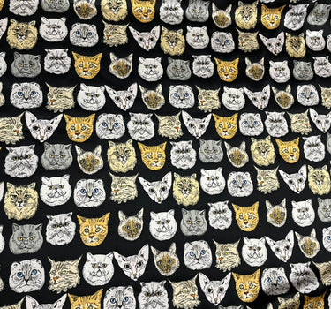 JUMAOL - 19 Momme Cool Cat Face Pattern Digital Print Sangbo Stretch Silk Satin Fabric - 140cm wide by the Yard