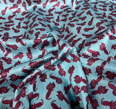 KATMAO - 19 Momme Reddish Brown Cartoon Cat on Blue Background Pattern Digital Print Stretch Silk Satin Fabric - 108cm wide by the Yard