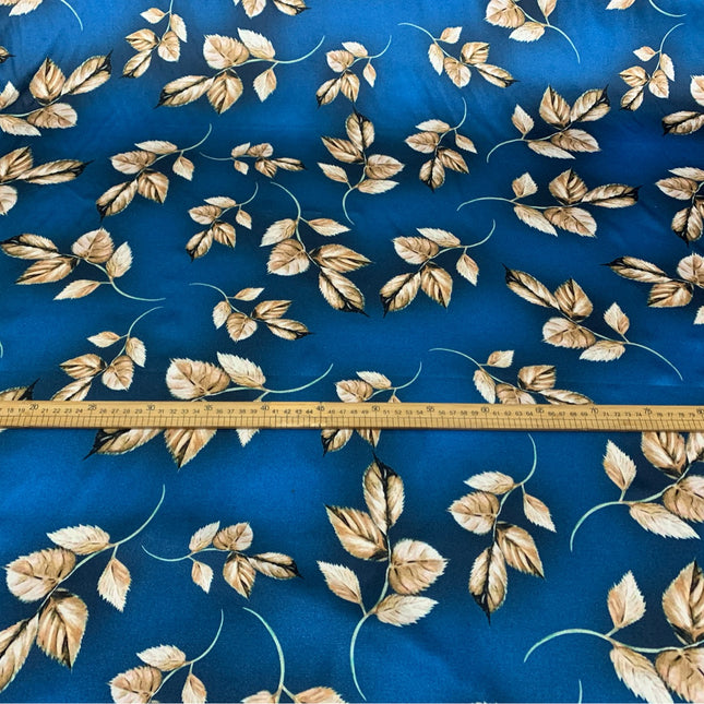 LABLUE - 19 Momme Blue Leaves Pattern Digital Print Stretch Silk Satin Fabric - 140cm wide by the Yard