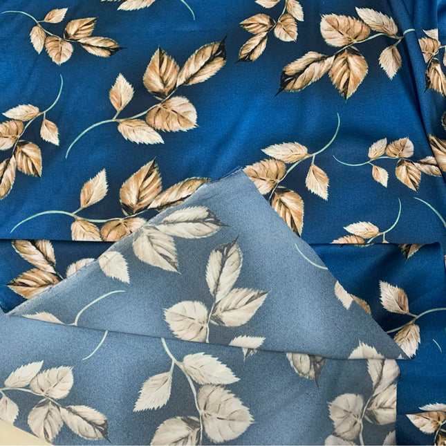 LABLUE - 19 Momme Blue Leaves Pattern Digital Print Stretch Silk Satin Fabric - 140cm wide by the Yard