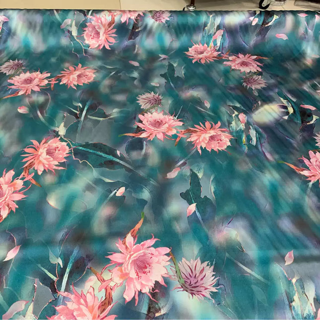 LVDPEN - 19 Momme Peony on Green Background Pattern Digital Print Stretch Silk Satin Fabric - 140cm wide by the Yard