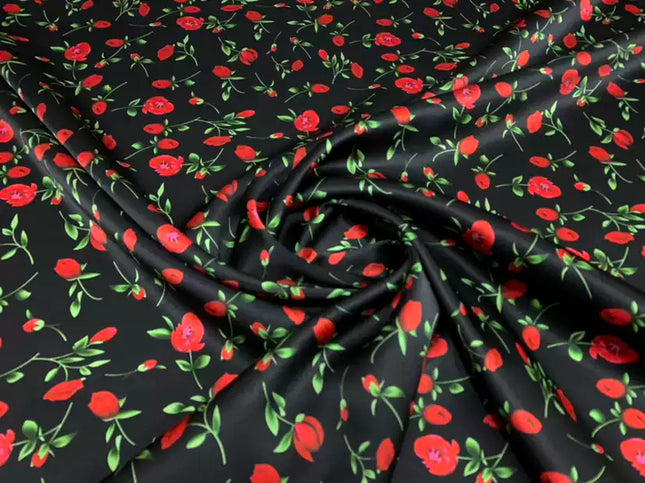 MEIROS - 19 Momme Rose Pattern Digital Print Stretch Silk Satin Fabric - 140cm wide by the Yard