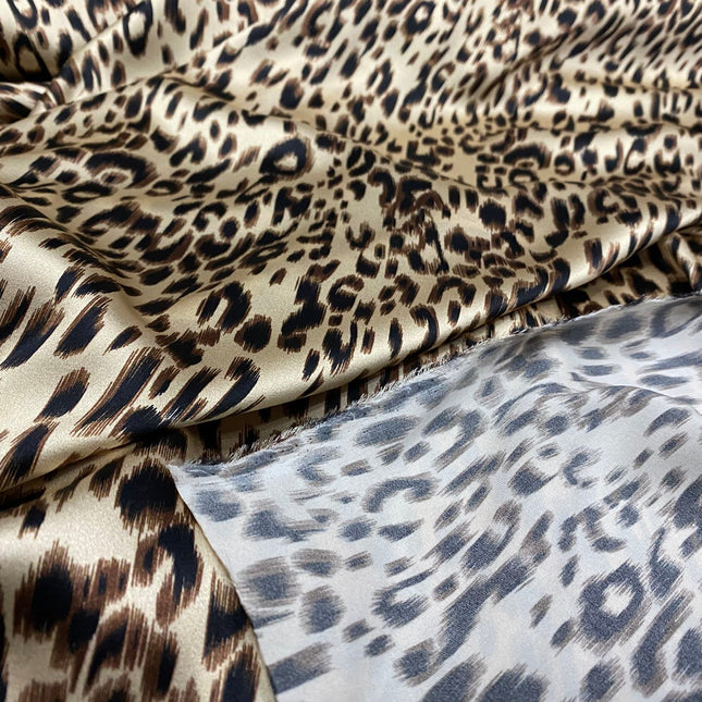 MIFANB - 19 Momme Beige Leopard Print Pattern Digital Print Stretch Silk Satin Fabric - 140cm wide by the Yard