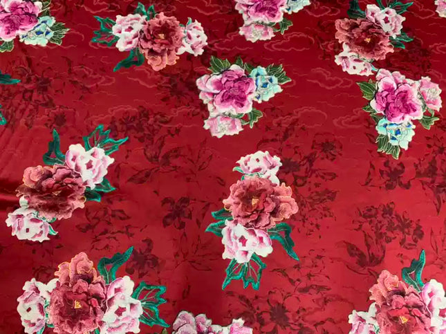 MUDATI - 19 Momme Flowers Pattern Digital Print Stretch Silk Satin Fabric - 120cm wide by the Yard