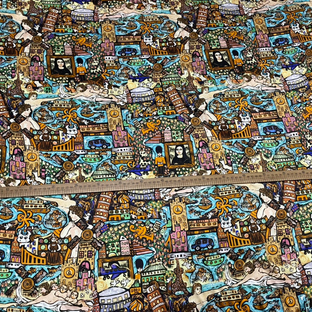 OSIWEN - 19 Momme Retro Style Cartoon Pattern Digital Print Stretch Silk Satin Fabric - 108cm wide by the Yard