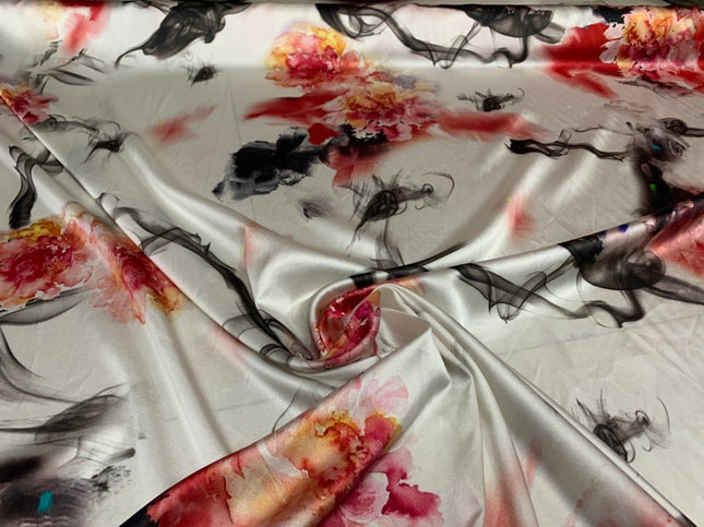 OUMEIH - 19 Momme Elegant Floral Pattern Digital Print Stretch Silk Satin Fabric - 140cm wide by the Yard