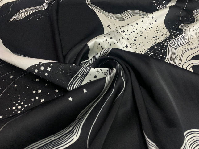 OUMGAO - 19 Momme Black Pattern Digital Print Stretch Silk Satin Fabric - 140cm wide by the Yard