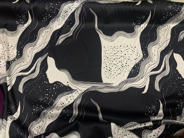 OUMGAO - 19 Momme Black Pattern Digital Print Stretch Silk Satin Fabric - 140cm wide by the Yard