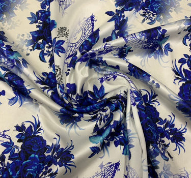 QINFAC - 19 Momme Blue and White Porcelain Pattern Digital Print Stretch Silk Satin Fabric - 140cm wide by the Yard