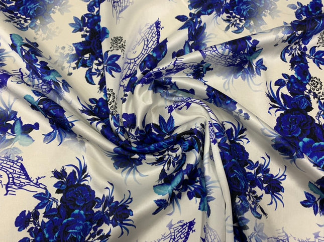 QINFAC - 19 Momme Blue and White Porcelain Pattern Digital Print Stretch Silk Satin Fabric - 140cm wide by the Yard