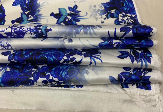 QINFAC - 19 Momme Blue and White Porcelain Pattern Digital Print Stretch Silk Satin Fabric - 140cm wide by the Yard