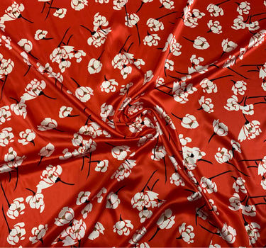 REDLIT - 19 Momme Small Flowers on Red Background Pattern Digital Print Stretch Silk Satin Fabric - 108cm wide by the Yard