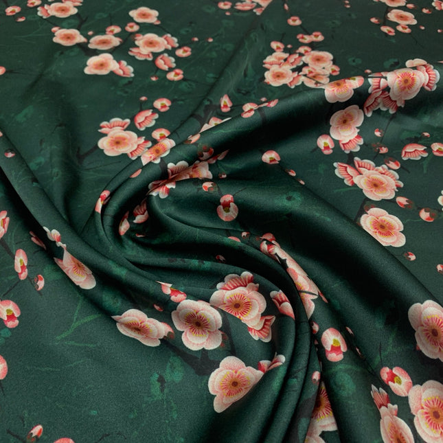 SHMLVA - 19 Momme Dark Green Peach Blossom Pattern Digital Print Stretch Silk Satin Fabric - 108cm wide by the Yard