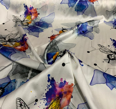 XINHUD - 19 Momme Butterfly Pattern Digital Print Stretch Silk Satin Fabric - 108cm wide by the Yard