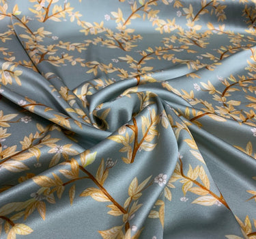 XINKAN - 19 Momme Mist Blue Background Flowers Pattern Digital Print Stretch Silk Satin Fabric - 140cm wide by the Yard