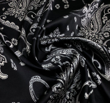 YAOGRU - 19 Momme Black Cashew Ruyi Flower Pattern Digital Print Stretch Silk Satin Fabric - 118cm wide by the Yard