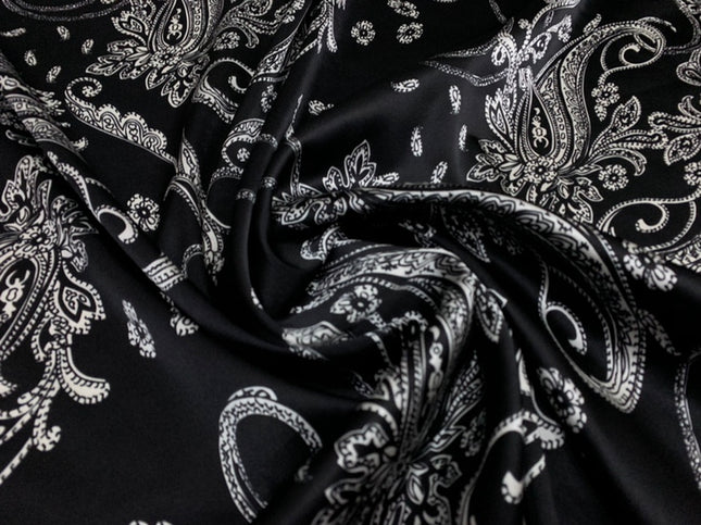 YAOGRU - 19 Momme Black Cashew Ruyi Flower Pattern Digital Print Stretch Silk Satin Fabric - 118cm wide by the Yard