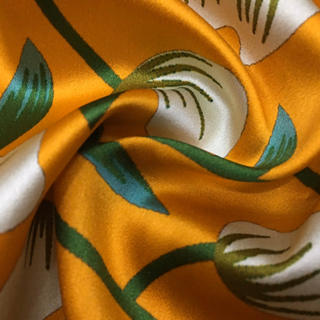 YEDILA - 19 Momme Yellow Flowers Flower Pattern Digital Print Stretch Silk Satin Fabric - 140cm wide by the Yard