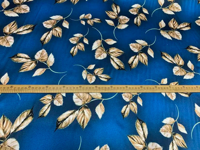 YOYANA - 19 Momme Noble and Elegant Blue Leaves Pattern Digital Print Stretch Silk Satin Fabric - 140cm wide by the Yard