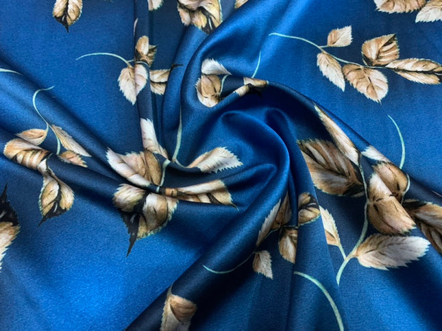 YOYANA - 19 Momme Noble and Elegant Blue Leaves Pattern Digital Print Stretch Silk Satin Fabric - 140cm wide by the Yard