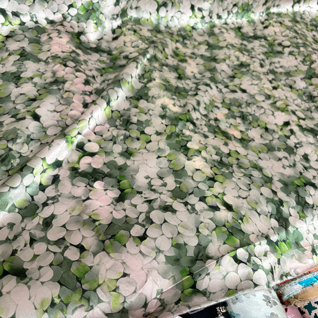 LVYEBA - 19 momme Summer Fresh Creative Green and White Leaf Pattern Digital Print Stretch Silk Satin Fabric - 140cm wide by the Yard